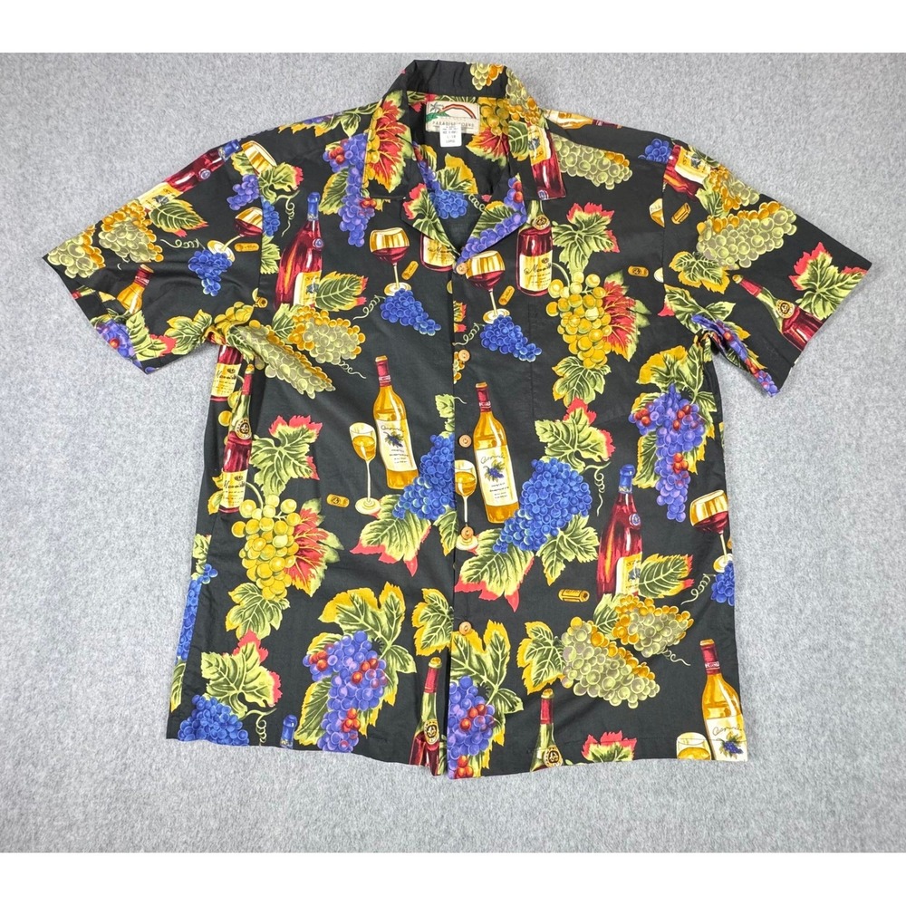 Vintage Paradise Found Hawaiian Shirt Mens LARGE Wine Grapes Camp Vino Aloha
